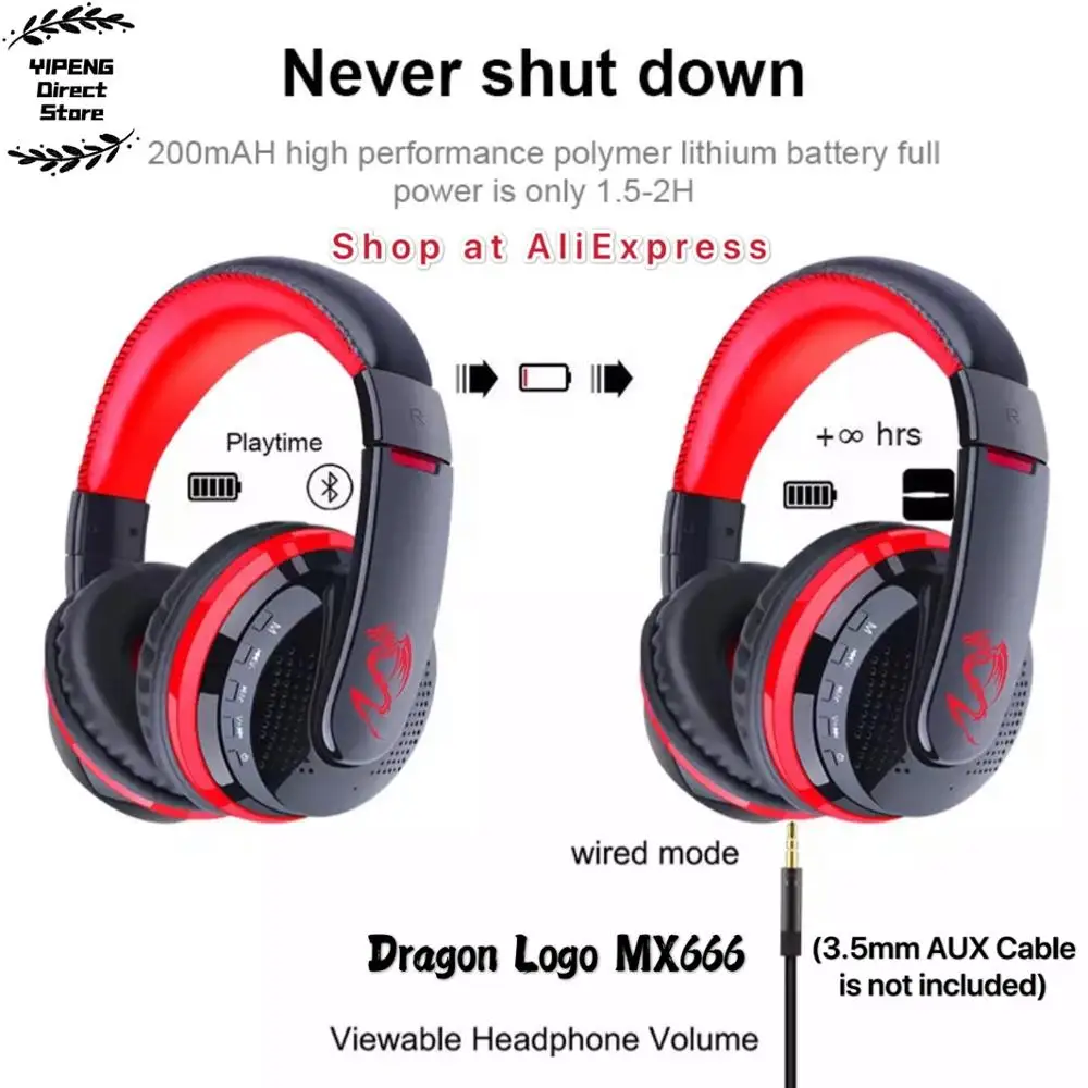 

Dragon Logo MX666 Over Ear Bass Stereo Bluetooth Headphone Wireless Headset Support Micro SD Card with FM Radio Microphone Gamer