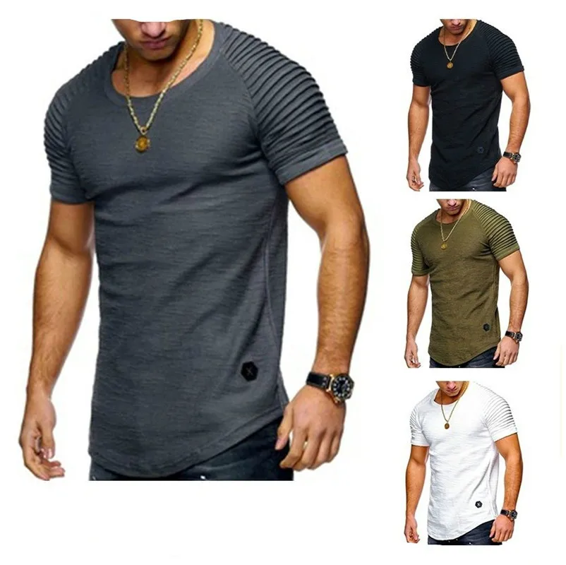 

2021 new short-sleeved solid color men's t-shirt pleated shoulder jacquard stripes Slim T-shirt men's casual sports wild T-shirt