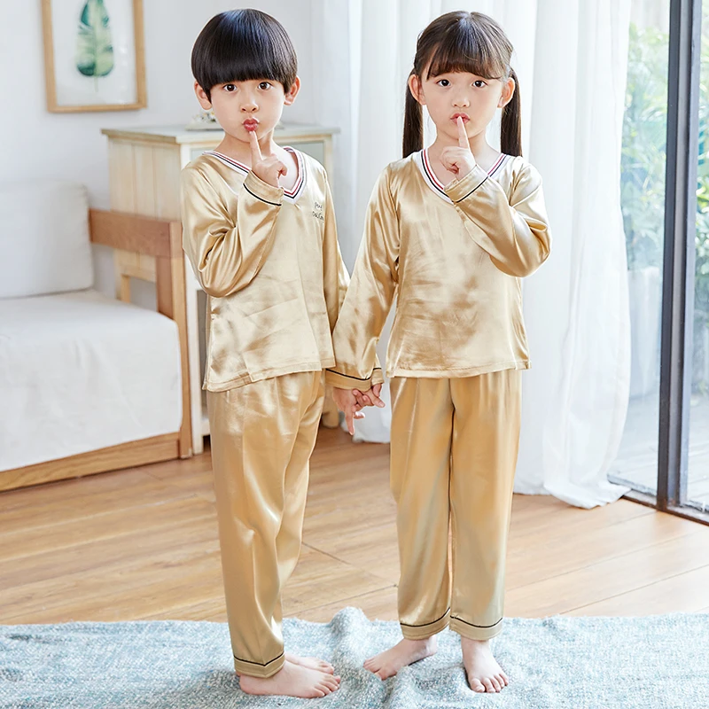 Новый детский пижамный комплект однотонная Шелковая пижама с длинным рукавом
