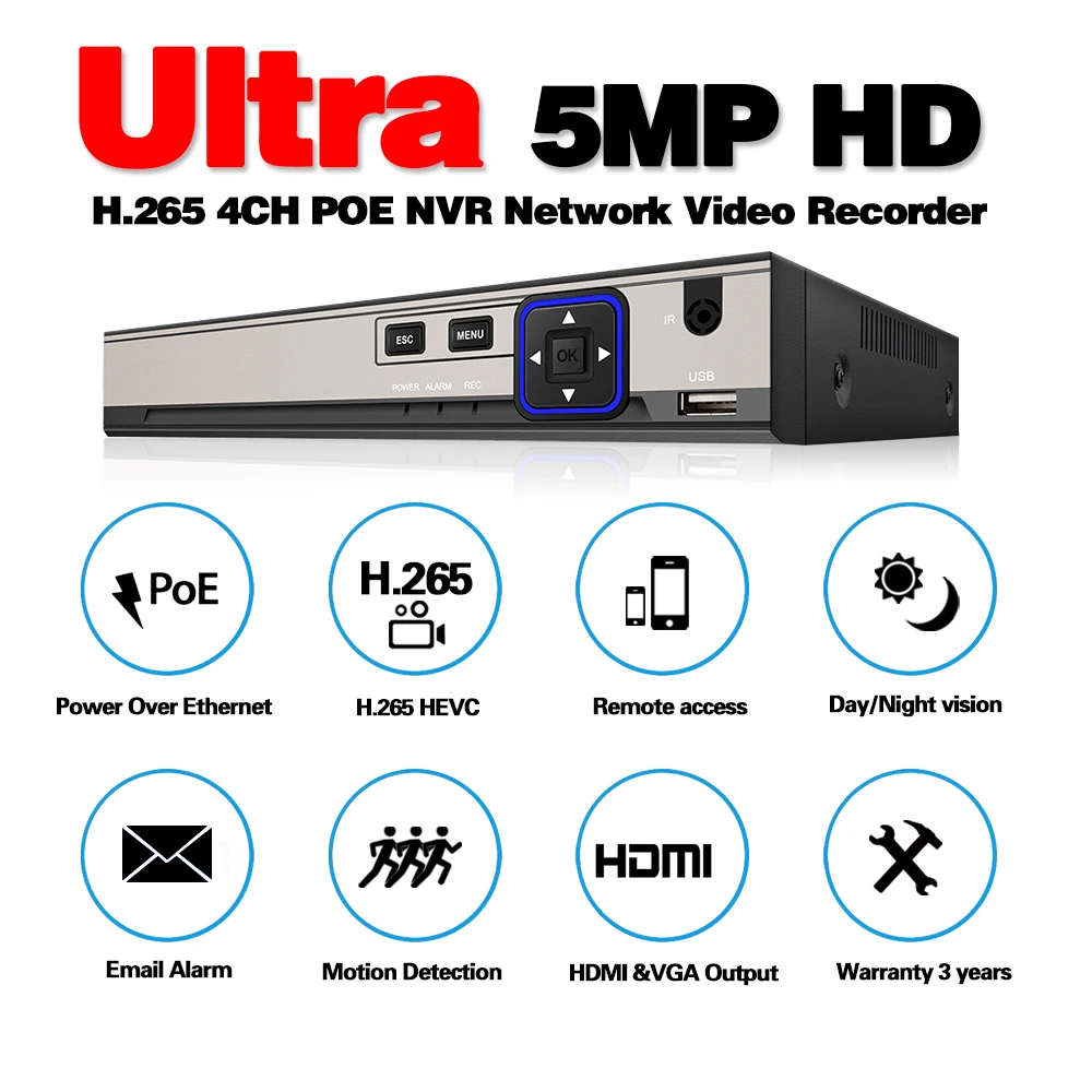 Сетевой видеорегистратор H.265 5MP NVR 4CH 5.0MP P2P ONVIF XMEye с приложением для обнаружения