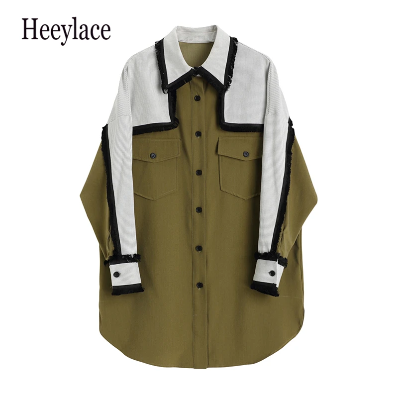 

Chic Fashion Panelled Patchwork Women Blouse Autumn Turn-down Collar Femme Blusas 2020 Loose Double Pockets Shirt