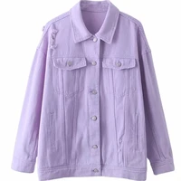spring autumn womens stylish cotton purple jacket ladies long sleeve pocket loose casual coat female outerwear tops