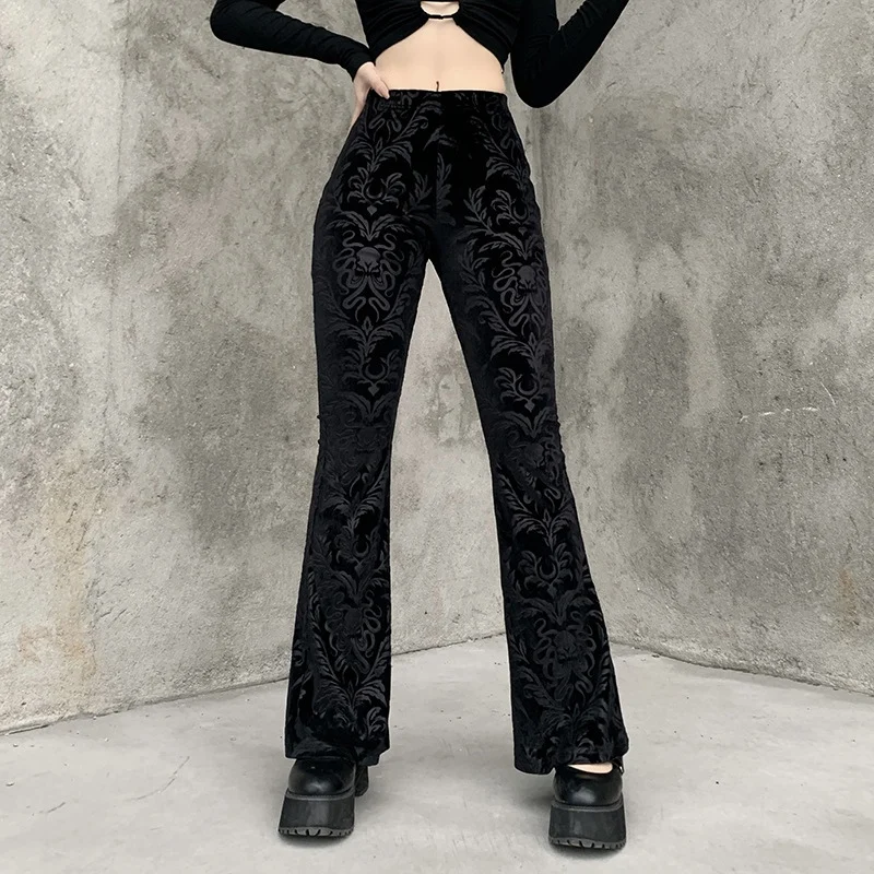 

Vintage Floral Scratched Gothic Pants Velvet High Waist Skinny Flare Trousers for Women Autumn Winter Streetwear