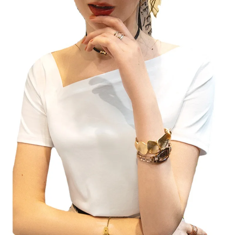 

2021 Summer Wear New Diagonal Collar Short Sleeve Mercerized Cotton T Shirt Female White T Shirt for Women