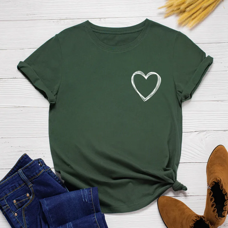

Summer Women T Shirt Plus Size S- 5XL Simple Heart Print O-Neck Short Sleeve Cotton Tshirts Fashion Casual Tees Tops Women