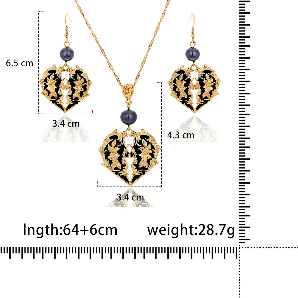 

Angel Wing Love Heart Jewelry Sets Trendy Ethnic Black Enamel Pendants Necklaces Drop Earrings Set Accessories for Women 2021