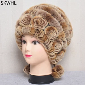 Hot Sale Winter Women Flowers Striped Natural Real Rex Rabbit Fur Hats Lady Warm Knit Genuine Fur Caps Russian Outdoor Fur Hats