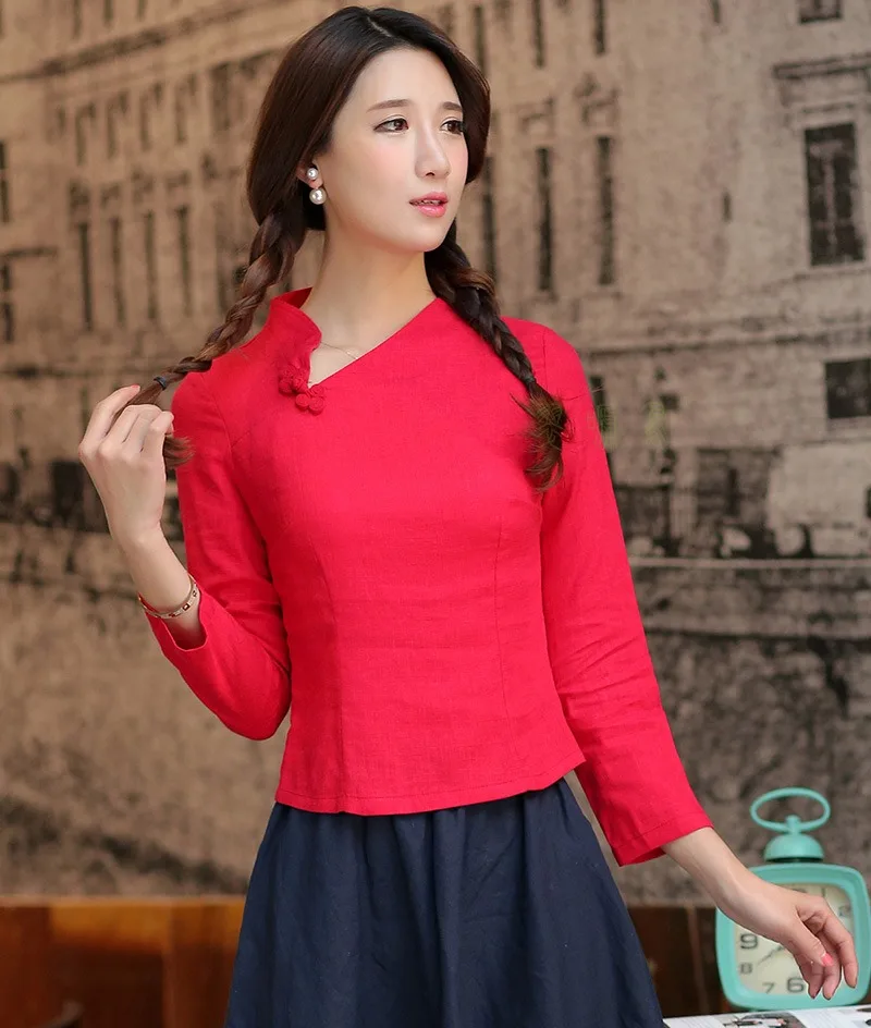 

Shanghai Story Vintage Woman's Shirt chinese traditional top Long Sleeve cheongsam top traditional Chinese Linen blouse 4 Color