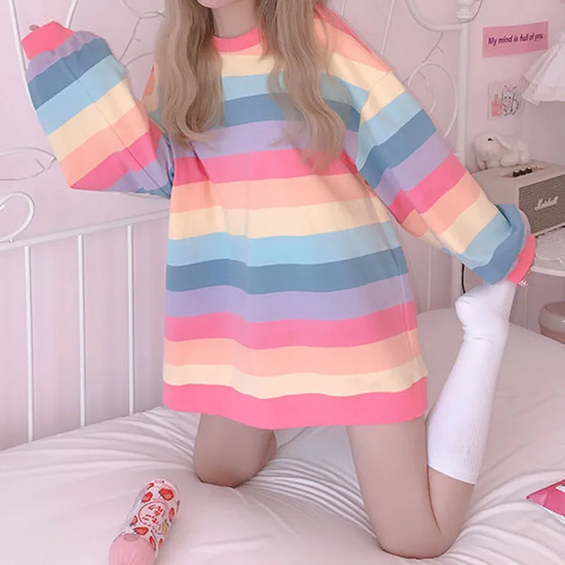 

Rainbow Striped Pullover Sweatshirt Women Plus Velvet Harajuku O Neck Loose Tops 2021 New Oversized Hoodies