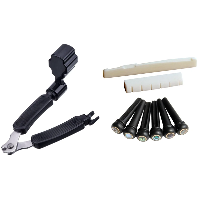 

1 Set 6 String Acoustic Guitar Bone Bridge Saddle and Nut & 1Pcs 3 in 1 Guitar String Winder String Cutter Pin Puller