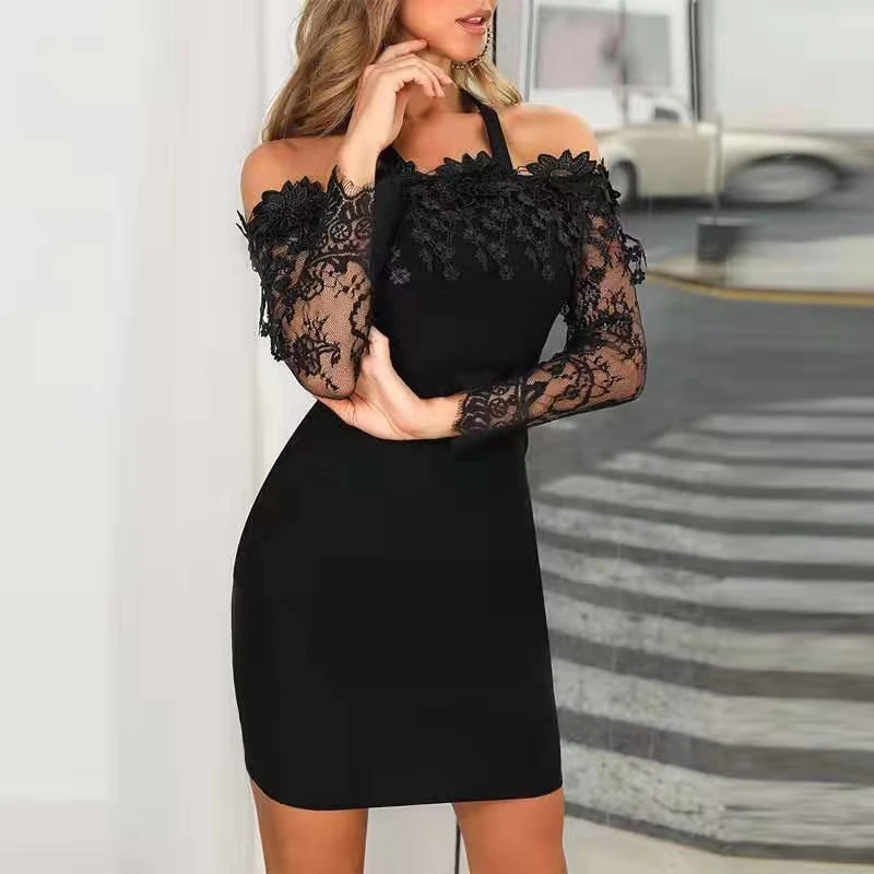 Новинка 2019 женское черное кружевное элегантное платье с лямкой на шее длинный