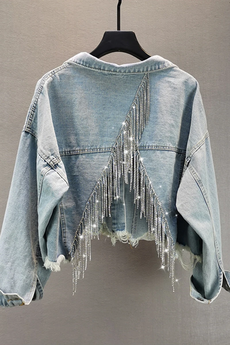 

Harajuku Denim Jacket Women's 2021 Spring/Autumn New Back Open Fork Hem Burrs Short Cropped Jackets Female Blue Jeans Coat Femme