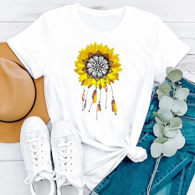 

2021 90s Flower Vintage Printing Cute Summer Short Sleeve Women Fashion Clothes Print Tshirt Female Tee Top Graphic T-shirt