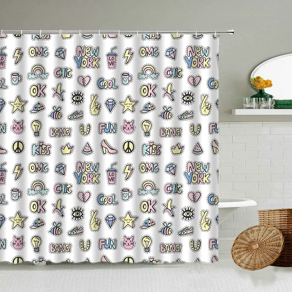 

Cartoon Love Lips Kiss Shower Curtain Girl Bathroom Valentine's Day Home Decoration Waterproof Polyester Curtains With Hook Set