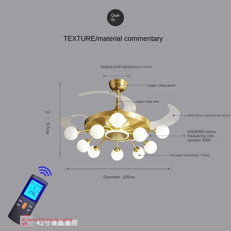 

Retractable Ceiling Fans 42 inch lamps lamp remote control copper Invisible Simple home living room three color