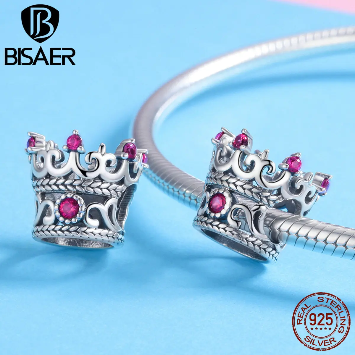 BISAER горячая Распродажа 925 пробы серебряные подвески Принцесса Корона Королева Корона розовый CZ бисер Подходит для браслета Серебро 925 Изготовление ювелирных изделий