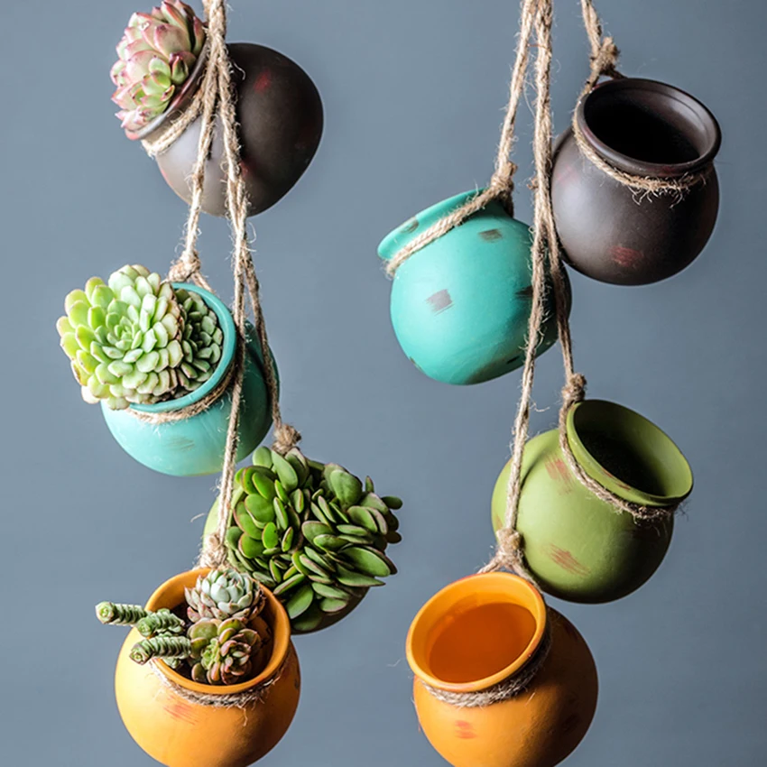 

Zakka Hemp Rope Fleshy Flower Pot Ceramic Hanging Vase Wall Hanging Planter Flower Plant Bonsai Pots Home Decor Accessories