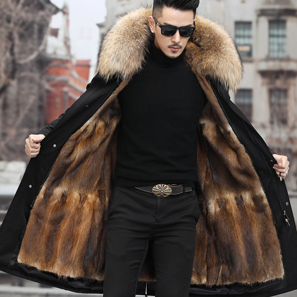 

2023 Winter Jacket Men X-Long Parka Real Rabbit Fur Coat Natural Raccoon Fur Collar Hood Thick Warm Streetwear Parkas New