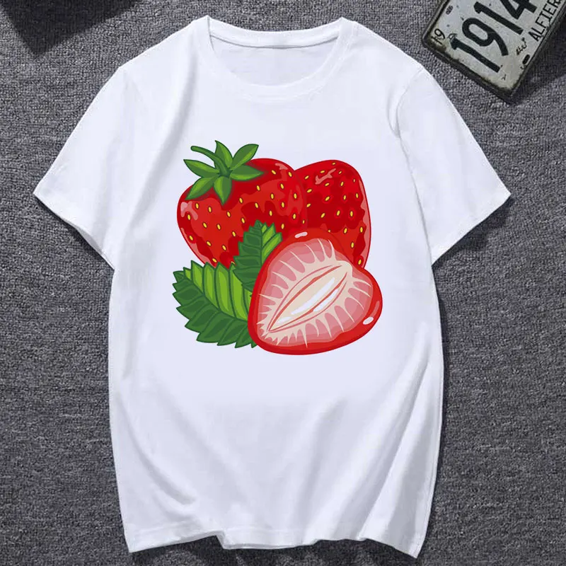 Harajuku graphic T-shirt short sleeve Womens T-shirt cute strawberry apple funny printed T-shirt fashion casual white T-shirt
