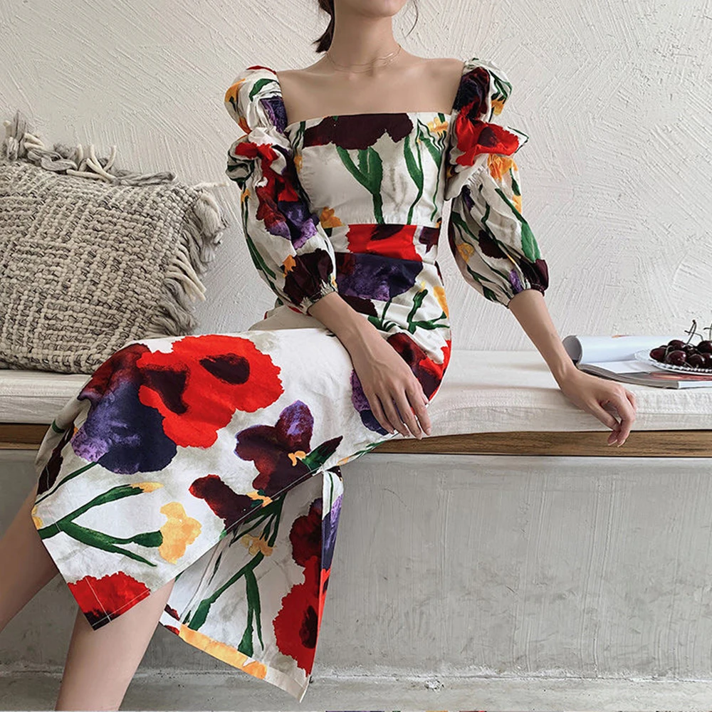 

Autumn Women Square Collar Long Sleeve Midi Dress Women Floral Print Party Beach Dress Elegant Dresses Vestidos