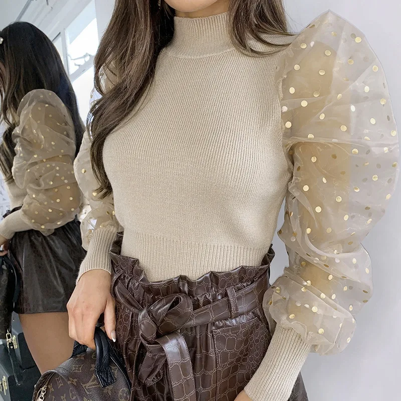 Женская облегающая футболка WHZHM белая Весенняя в черный горошек с пышными