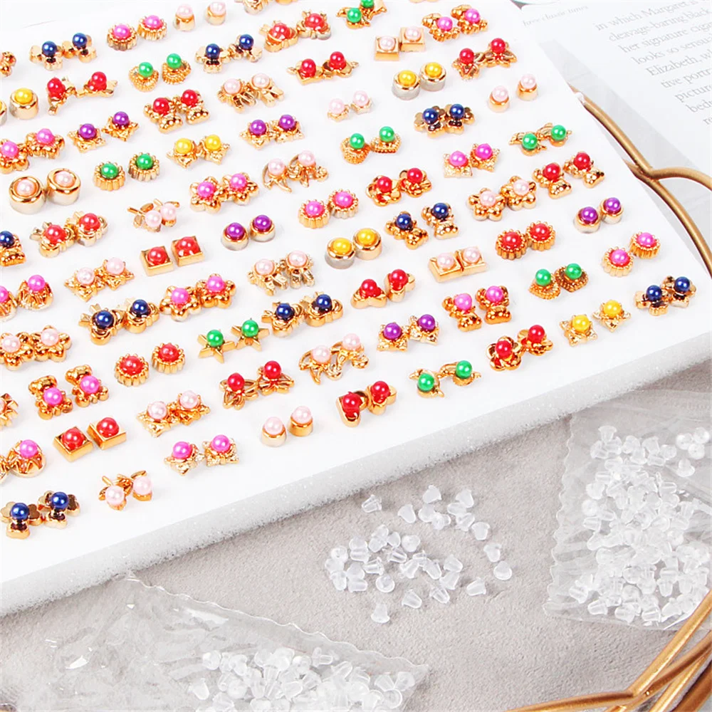 

CKN Wholesale 100 Pairs/boxed Hypoallergenic Plastic Needle Earrings for Women Vintage Pearl Rhinestone Inlaid Stud Earring