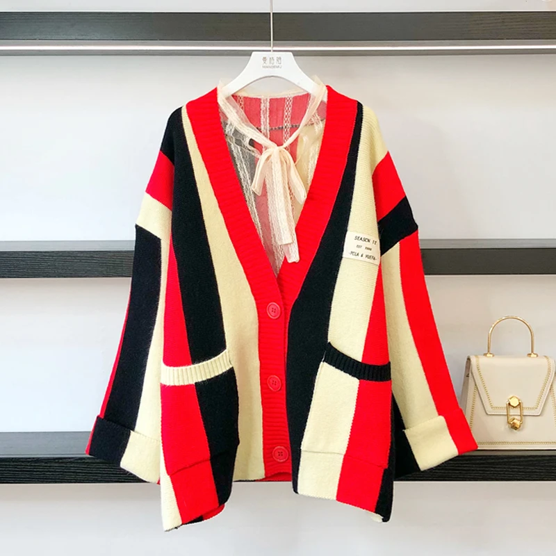 Осенний Повседневный Свободный вязаный кардиган большой размер многоцветный в