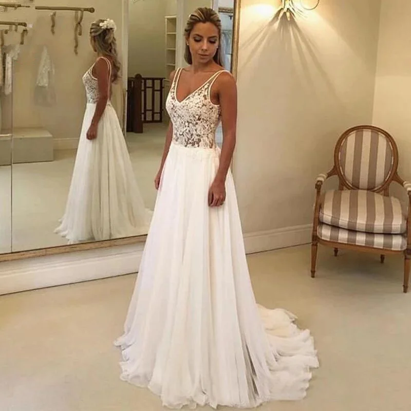 

Lace Deep V Chiffon Sleeveless Wedding Dress Sling Trailing Sexy Wedding Dress