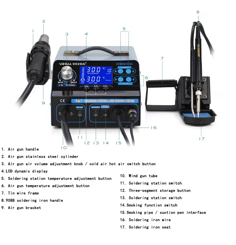YIHUA 992DA+ 4 в 1 ЖК-цифровой фена паяльная станция+ вакуумная Ручка+ Электрический паяльник для курения паяльная станция BGA