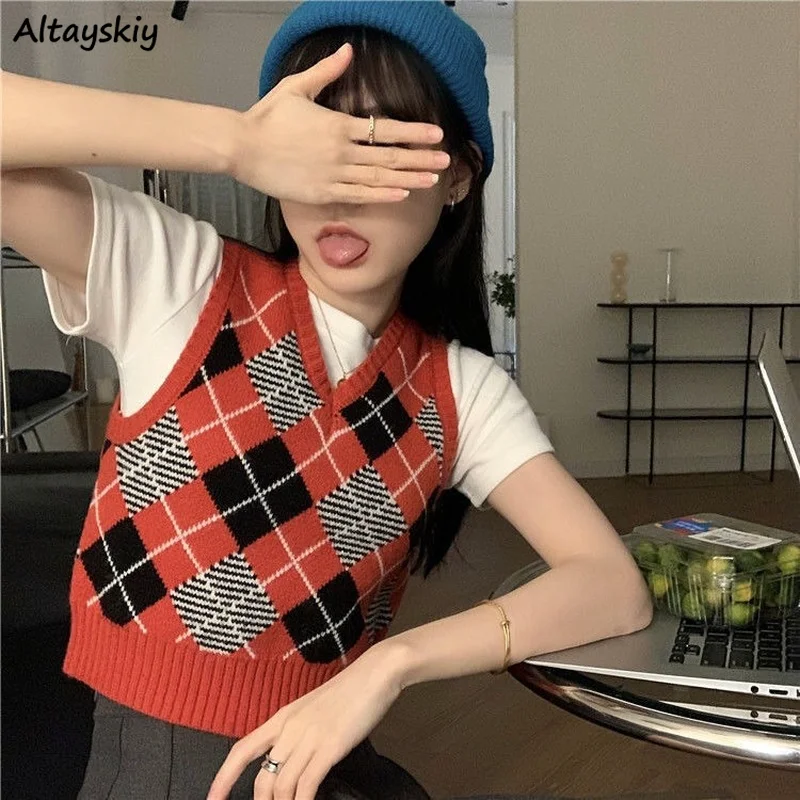 

Argyle V-neck Sweater Vests Women Vintage Sleeveless Knitwear Ladies Panelled Autumn College Students Fashion Leisure Cozy Chic