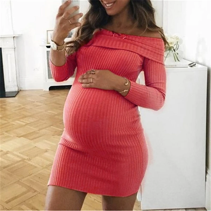 

2020 Spring New Style Women'S Pregnancy Casual Slash Neck Mini Dress Maternity Long Sleeve Clothes Female Dresses Vestidos