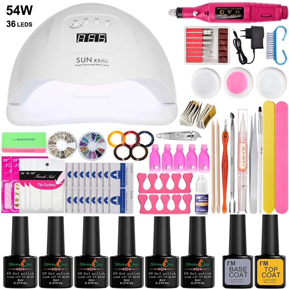 Набор для ногтей 54 Вт/36 Вт Светодиодный УФ лампа Сушилка с 6 цветными лаками