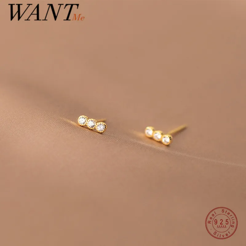 WANTME 925 Sterling Silver Simple Fashion Crystal Round Zircon Mini Small Stud Earrings for Women Cute Teen Korean Jewelry Gift