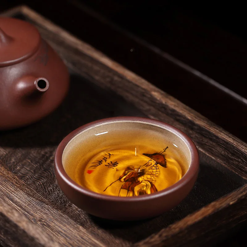 

yixing purple sand sample tea cup manually ore purple clay mud painting cups the fishing qiao geng read master cup