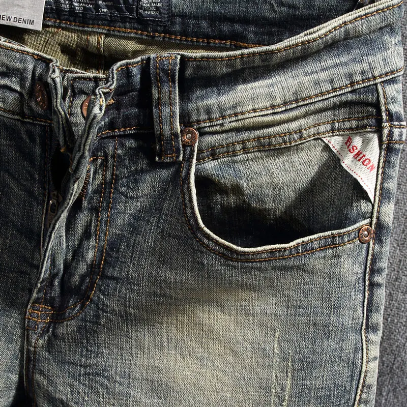 European Vintage Fashion Men Jeans Elastic Cotton Slim Fit Retro Ripped Jeans Men Distressed Designer Casual Denim Pencil Pants