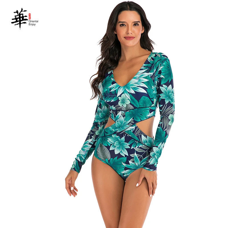 

Women Swimsuit One Piece Summer Plus Size V-Neck Print Waterproof Tight Ladies Swimwear Sexy Long Sleeve Swimsuit