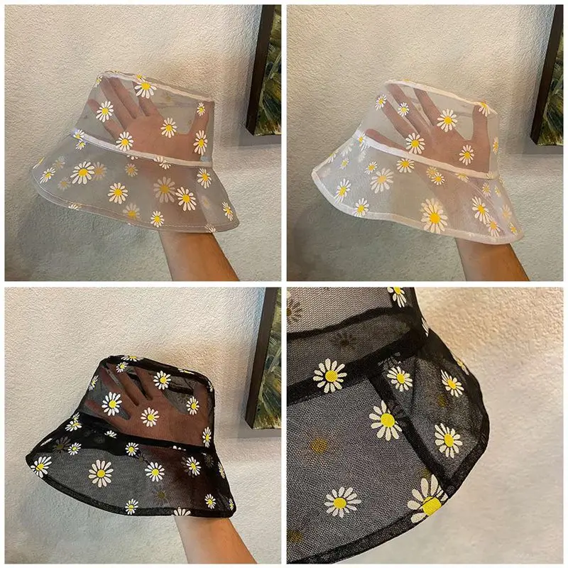 

Daisies Embroidered Buckets Hat Transparent Panama Women Lace Flower Beach Hats High Top Snapback Fashion Daisy Sun Cap Summer