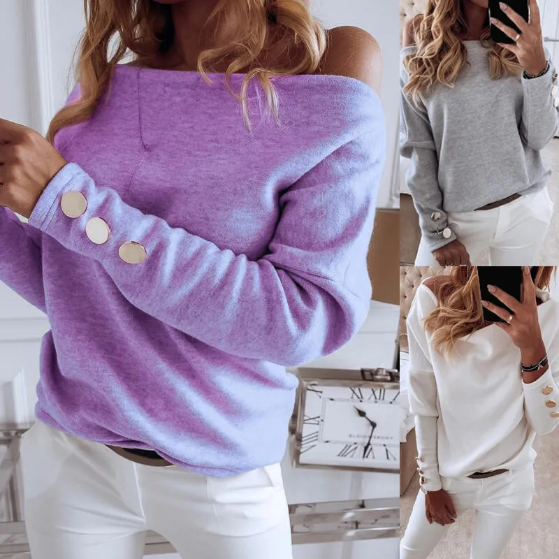 

Женская Однотонная футболка с открытыми плечами, на пуговицах, с длинным рукавом, Осень-зима, Теплые повседневные свободные топы