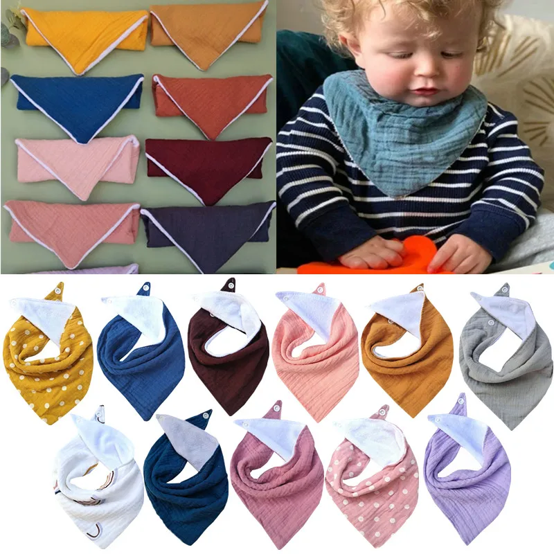 Baberos de algod&oacute;n de doble capa para beb&eacute;, toalla triangular de Color s&oacute;lido para Saliva, bot&oacute;n a presi&oacute;n, pa&ntilde;o suave para eructar, 1 unidad-0