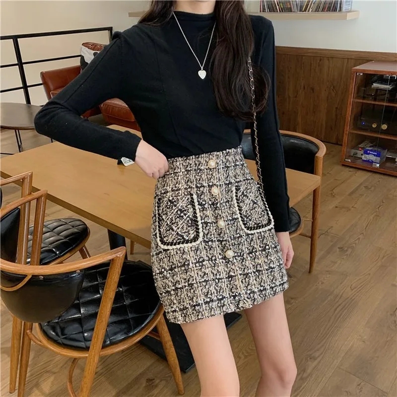 Женская твидовая юбка модный стиль двойной карман клетчатая осень и зима новая