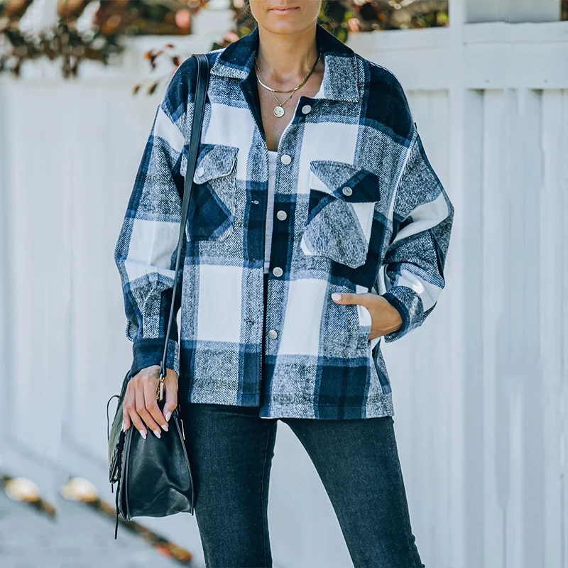 

Autumn Long Sleeve Button Loose Tops Cardigan Fashion Turn-down Collar Plaid Shirt Coat Women Patch Pocket Casual Jacket Outwear