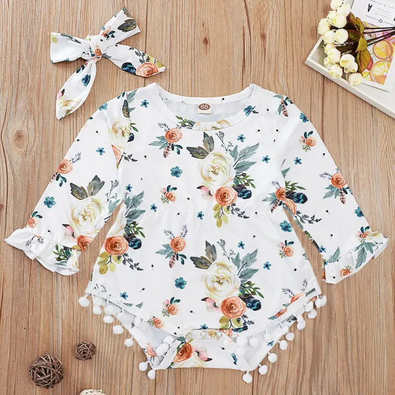

Goocheer Newborn Baby Girls Floral Bodysuit Infant Kids Long Sleeve Clothes Tassel Bodysuit Jumpsuit Headband 2pc Toddler Outfit