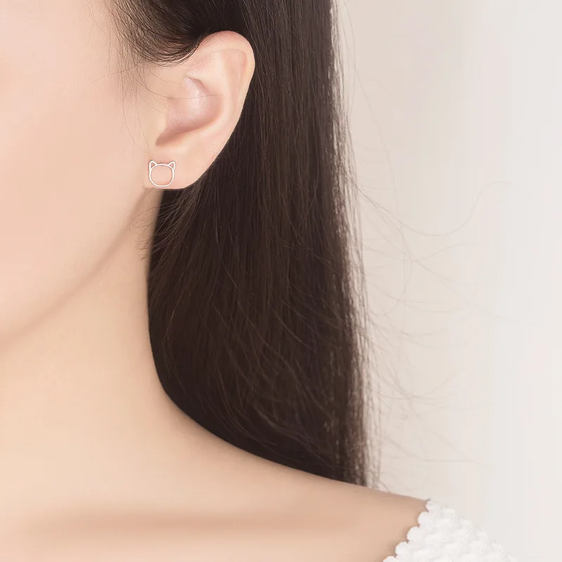 

XIYANIKE 925 Sterling Silver New Fashion Cute Hollow Cat Stud Earrings Prevent Allergy For Women Small Ear Hoops Animal Jewelry