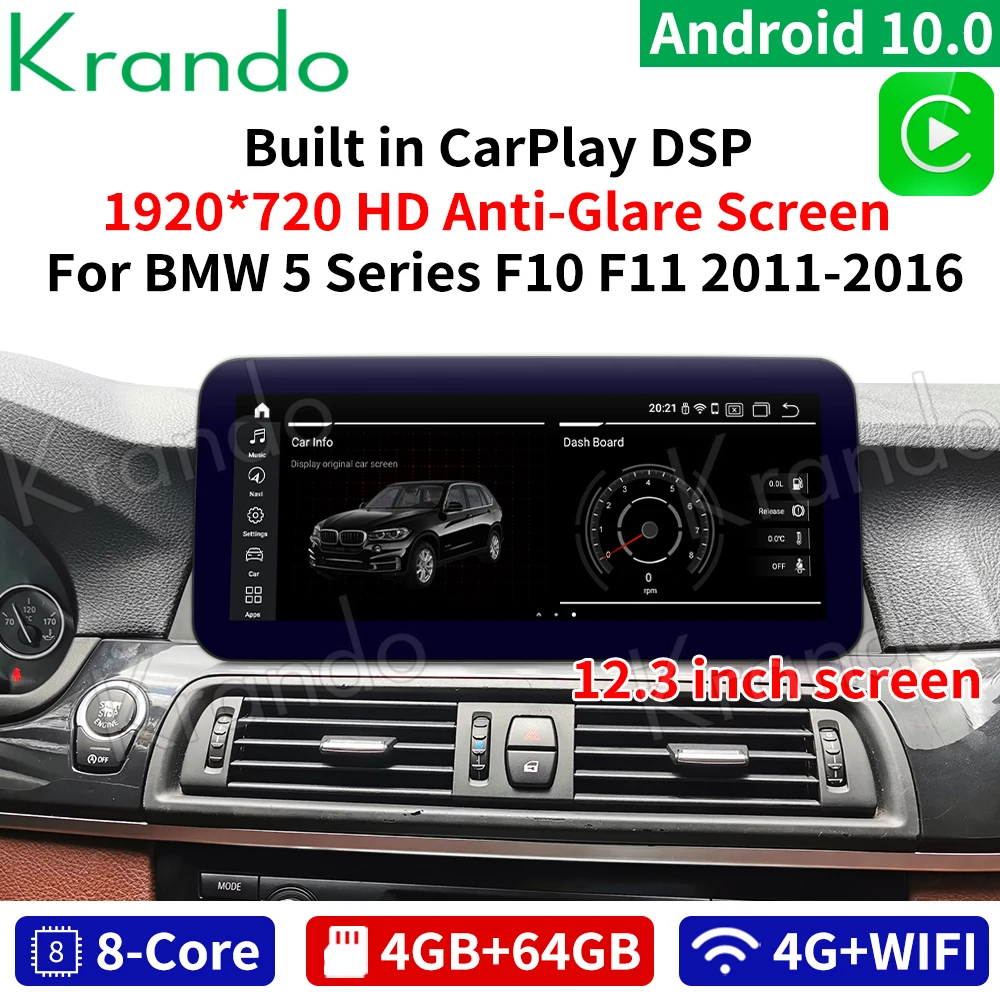

Krando Android 10.0 4+64gb 12.3'' Car Dvd Audio Player for BMW 5 Series F10 F11 2011-2016 Car Gps Multimedia Player System