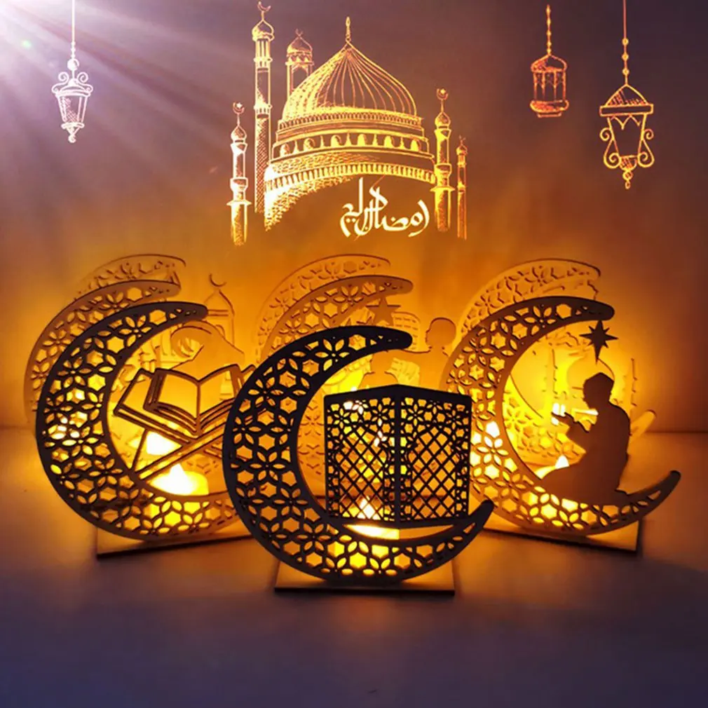 

EID Mubarak деревянная подвеска со светодиодный свечами Освещение для дома Исламская мусульманвечерние ИД Декор кареем Рамадан