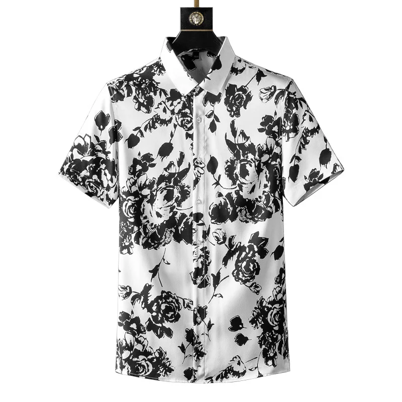 

2021 Summer Youth thin Lapel casual white slim print no iron shirt