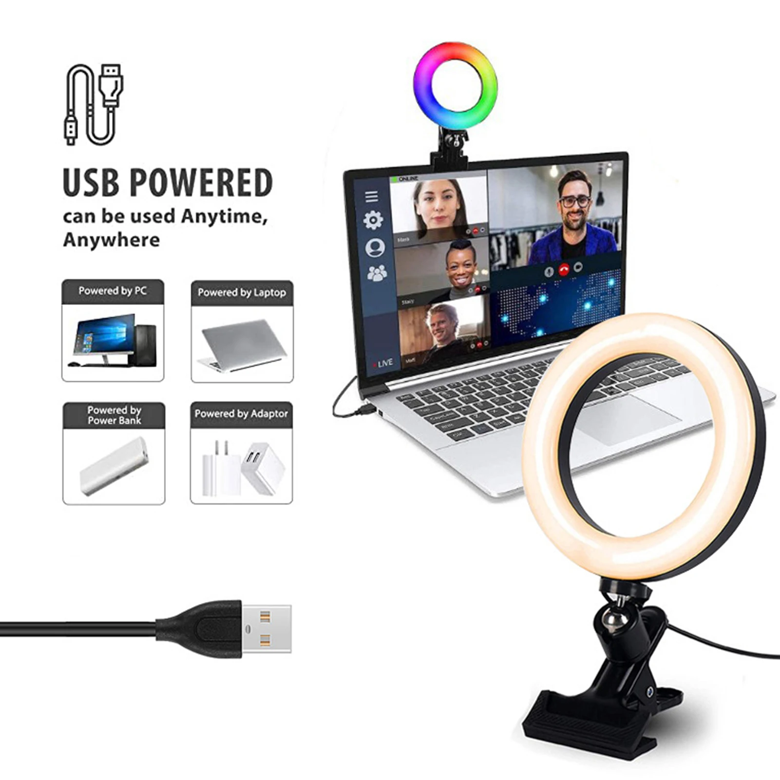 

20cm RGB Beauty Light-adjustable Fill Ring Light Tripod Desktop Stand Phone Clip Photo Studio Phone Accessories Live Fill Light