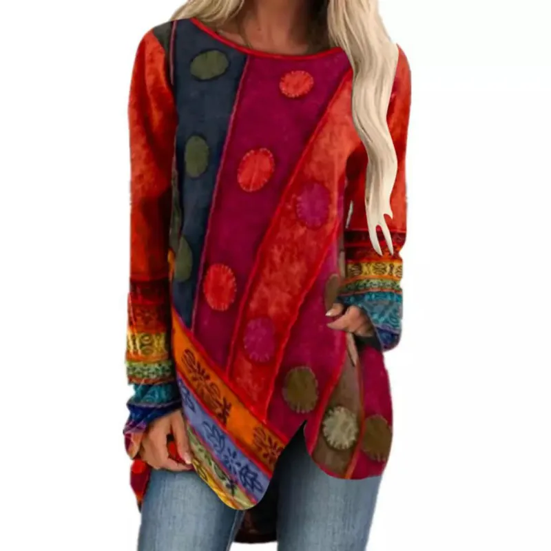 

Tops Women Clothing Casual Soft Ladies Shirt Plus Size Long Sleeves Print O-Neck Female Top Vintage Pullover Women's Clothing