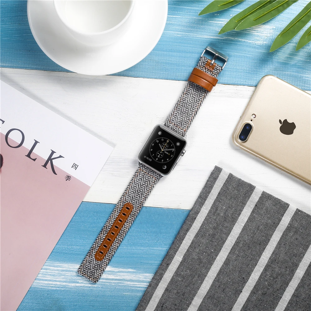 Холщовый ремешок для часов для Apple Watch 38 мм 42 мм 40 мм 44 мм нейлоновый кожаный ремешок для часов браслет для iWatch Series 5/4/3/2/1