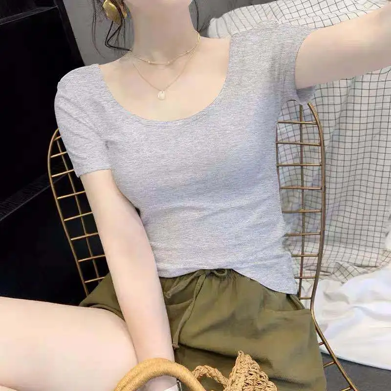 

White t-shirt female U-neck short sleeve low neck tight cotton 2021 new spring summer big neckline open back top